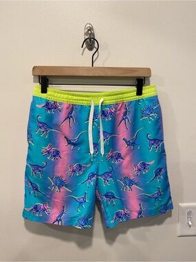 Chubbies Boys Swim Trunks L 14/16 Blue Pink Dino Print Drawstring liner neon